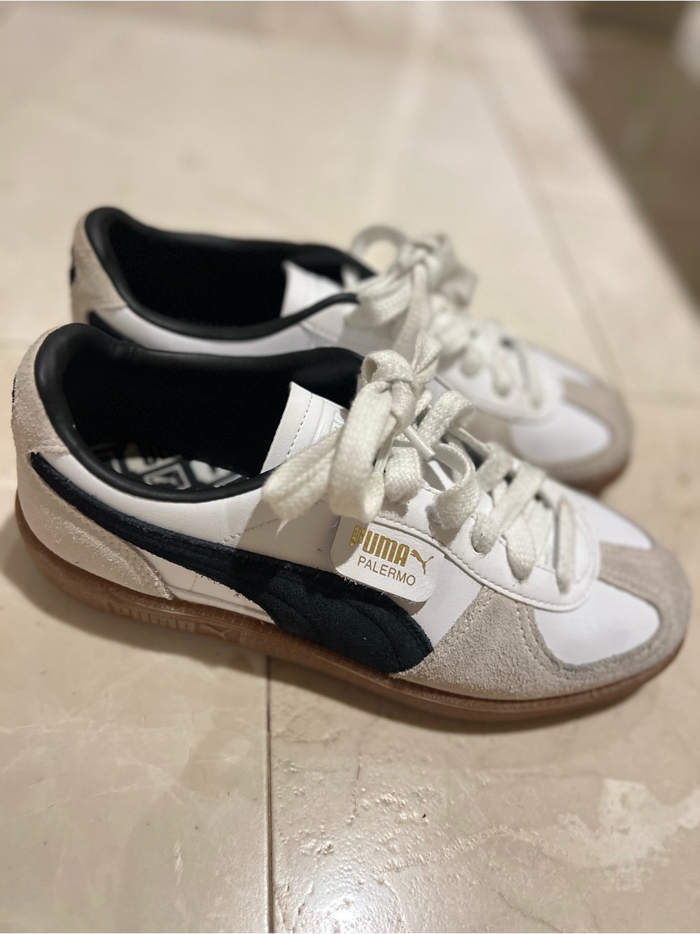 Puma White and Beige Lace-Up Sneakers
